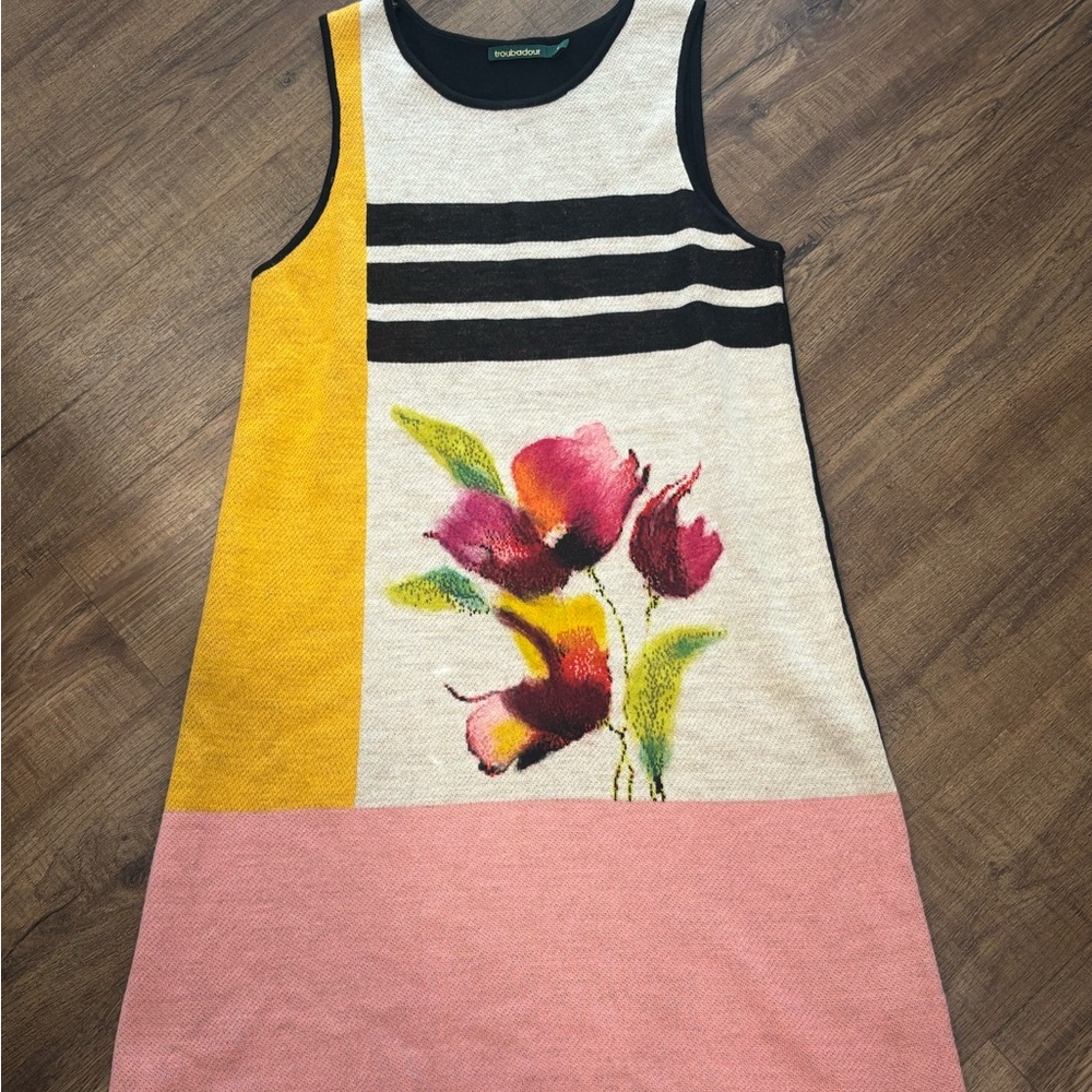 Colorblock Floral Knit Shift Dress - Pink, Yellow & Black
